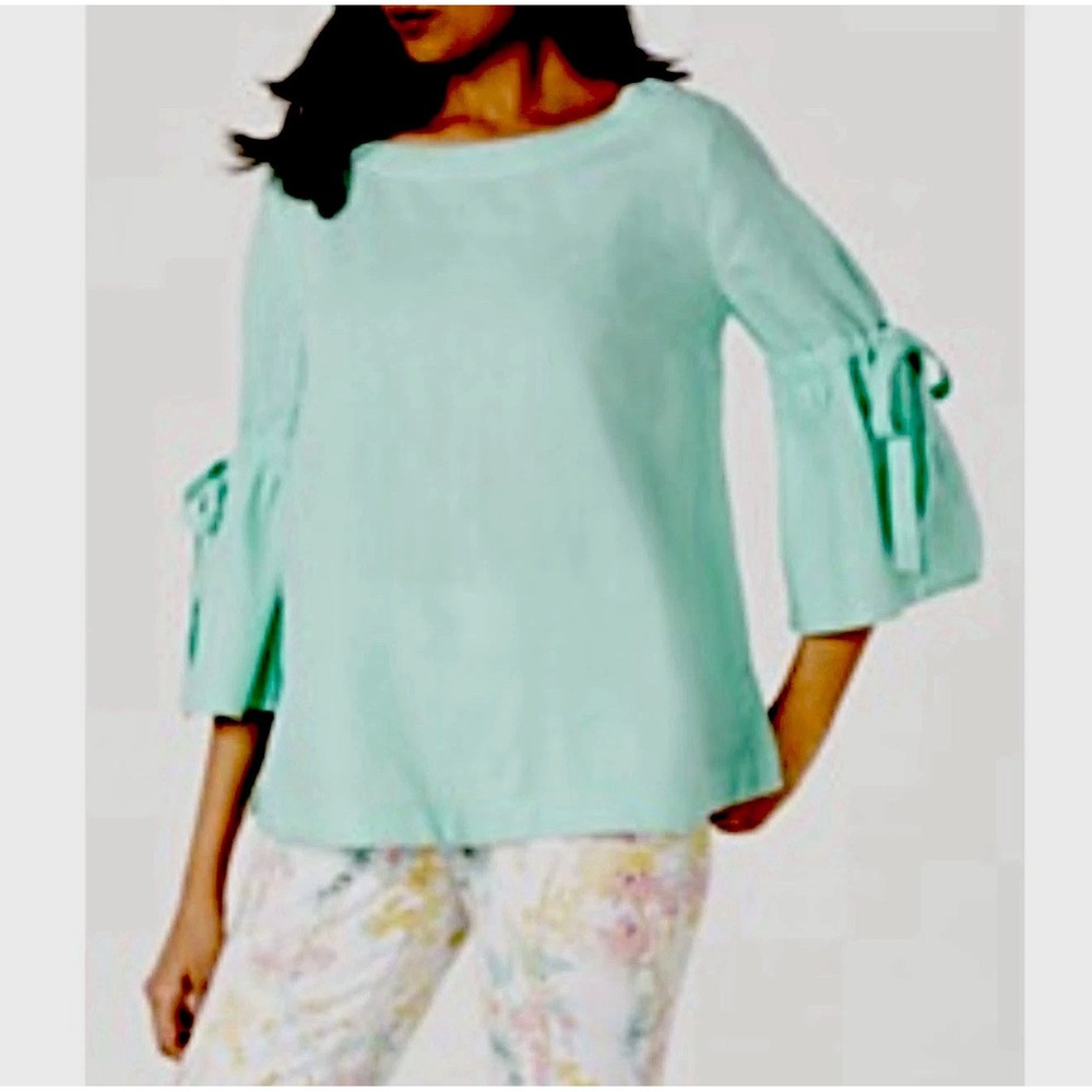 Charter Club 100% Linen Blouse Top Size XL Bell Sleeves Boat Neck Coastal Resort